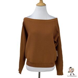 Super Down Revolve One Shoulder Sweater Womens S Small Brown Rib Trim Boxy Top